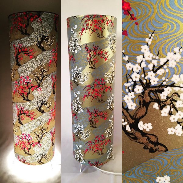 Floor lamp made with hand silk screen printed Japanese chiyo...